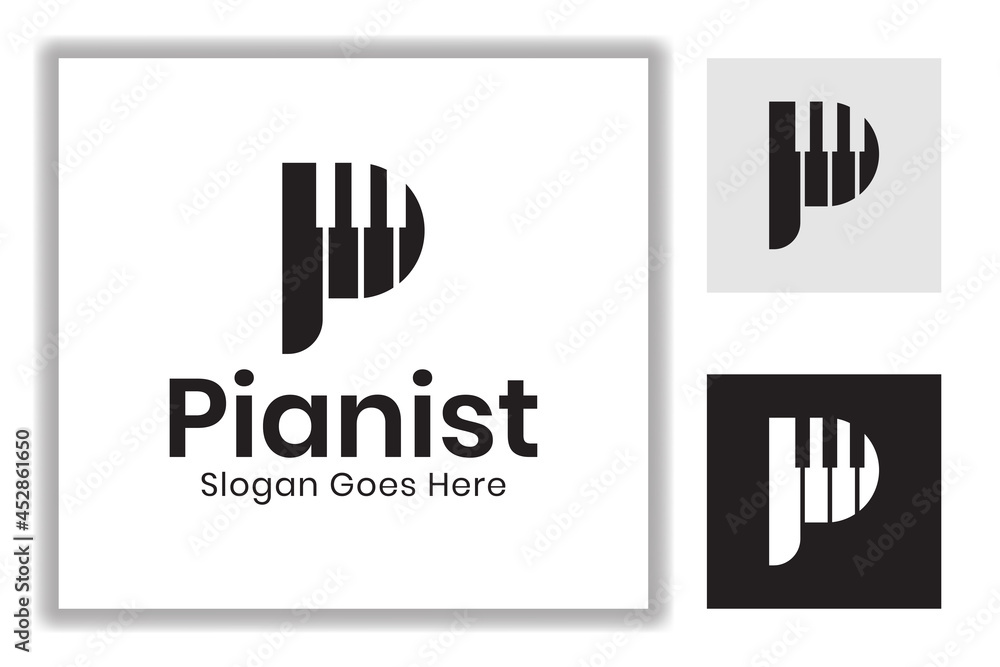 initial letter P with play music piano symbol design for piano player, pianist logo template initial letter P with play music piano symbol design for piano player, pianist logo template
