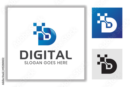 letter D with technology chip system symbol for branding, business internet logo template