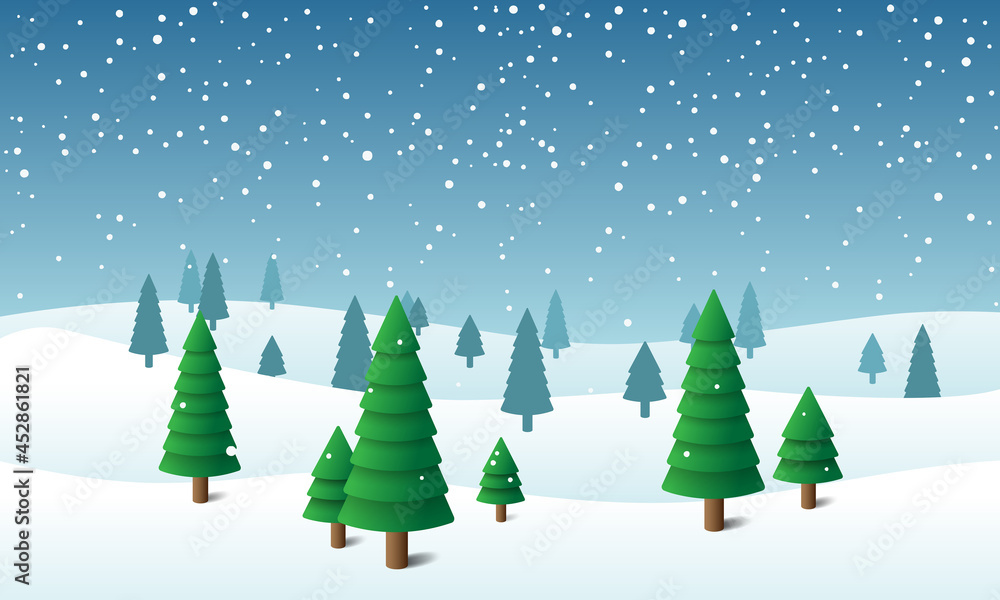 Winter snow landscape with fir trees. Vector illustration