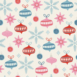Christmas seamless pattern with stars, balls, baubles, snowflakes. Scandinavian style