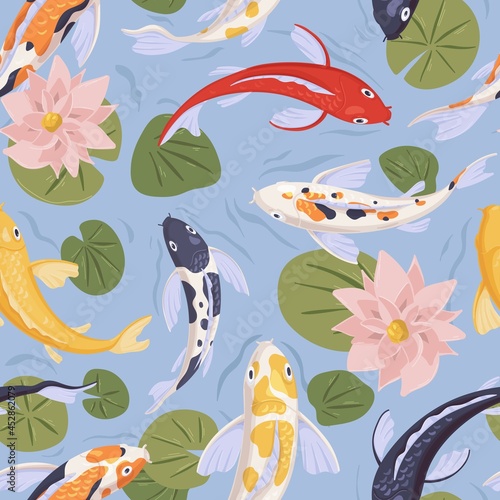 Seamless Japanese pattern with Asian koi fishes swimming in water. Endless repeatable background with traditional Japan carps in oriental pond with flowers. Flat vector illustration for printing