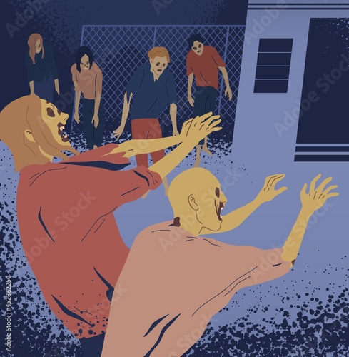 Group of scary zombies walking. Spooky dead monsters at night. Attack of creepy undead humans. Fantastic nightmare ghosts. Flat vector illustration of macabre dreadful resurrected ominous people