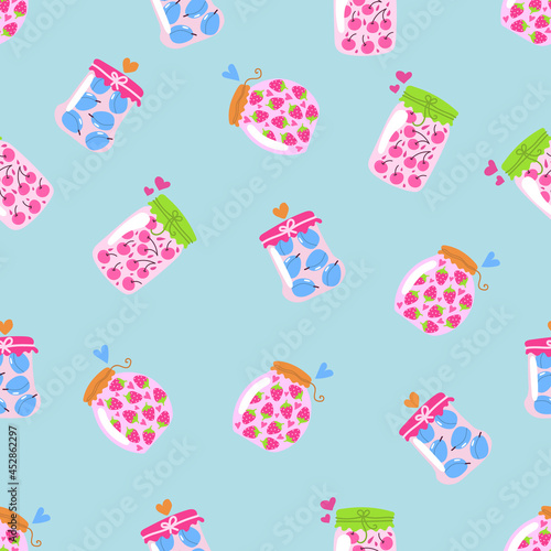 Seamless pattern of jars with jam. Cooking, home made food, kitchen concept. Flat illustration.