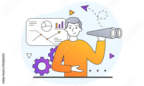 Business Analytics and Planning concept. Man with binoculars looks into future of company and looking for ways develop. Search ideas for progress. Cartoon flat vector illustration on white background