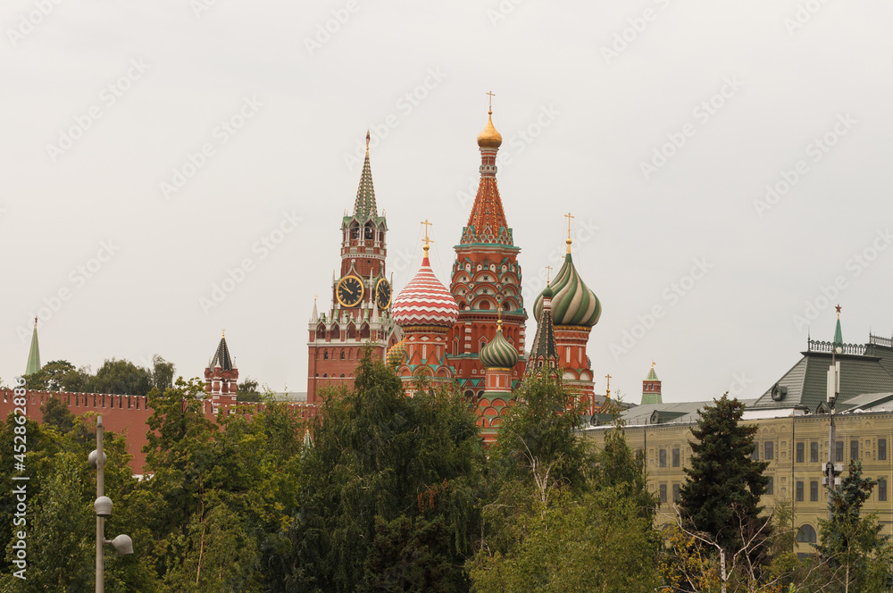Moscow, Russia, Kremlin. St. Basil's catherdral, Spasskaya tower. View from Zaryadye park. Summer