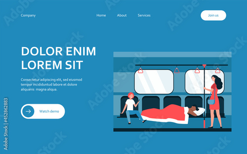 Man sleeping under blanket in subway train. Sleepwalker, homeless, laughing passengers flat vector illustration. Sleep disorder, public transport concept for banner, website design or landing web page