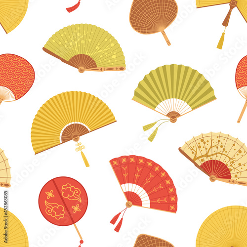 Seamless Asian pattern with Japanese folding paper hand fans on white background. Endless repeatable Chinese texture with oriental objects. Flat vector illustration for printing and decoration