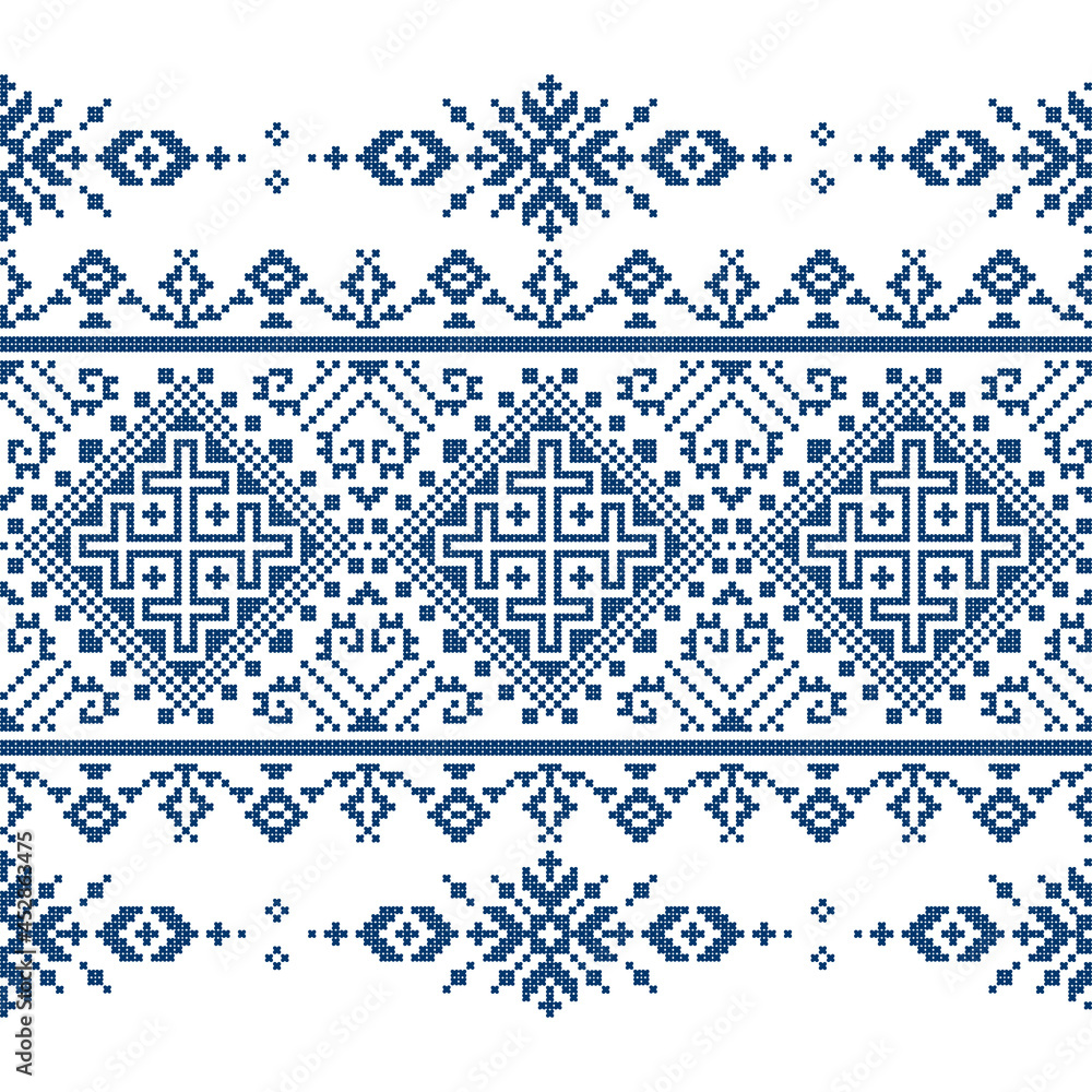 Zmijanjski vez cross stitch style vector seamless pattern - traditional textile or fabric folk art print background inspired by cross stitch designs from Bosnia and Herzegovina 

