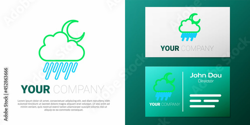 Line Cloud with rain and moon icon isolated on white background. Rain cloud precipitation with rain drops. Colorful outline concept. Vector
