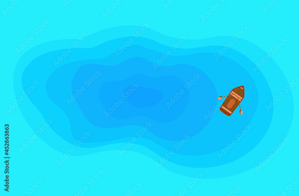 Top view of the lake or from the height of the drone. One boat with oars on the turquoise waves of a deep lake, sea, ocean, pond. Underwater seascape with yacht, canoe, ship.Vector illustration