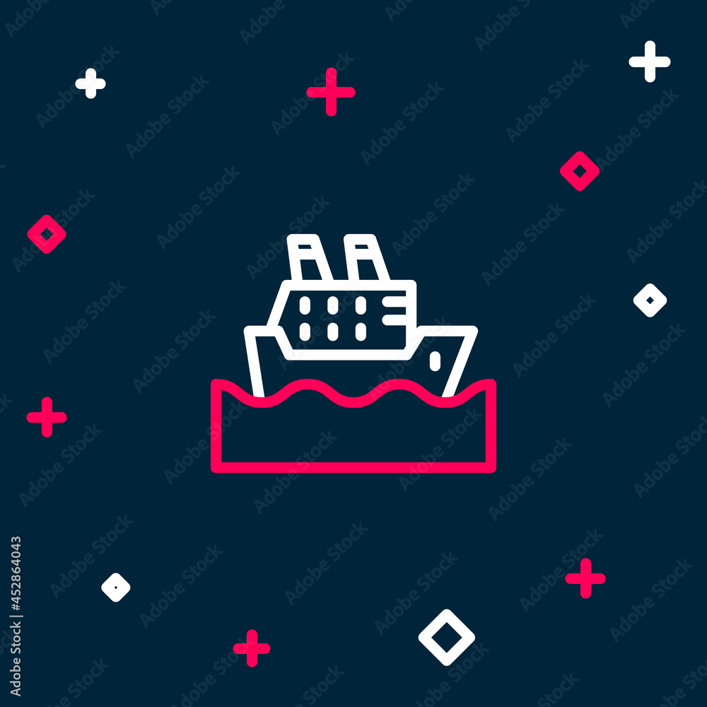 Line Cruise ship in ocean icon isolated on blue background. Cruising the world. Colorful outline concept. Vector Line Cruise ship in ocean icon isolated on blue background. Cruising the world. Colorful outline concept. Vector
