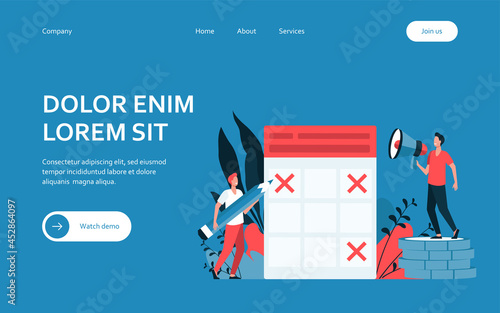 Two men and schedule for publications in social media. Coin, blogger, pencil flat vector illustration. Management and planning concept for banner, website design or landing web page
