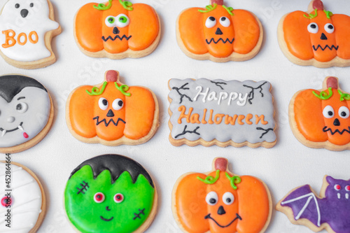 Halloween funny Cookies set on white background. Trick or Threat, Happy Halloween, Hello October, fall autumn, Festive, party and holiday concept
