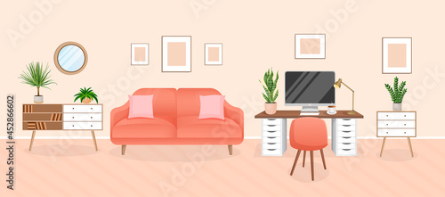 Design of a cozy room for working from home. Office with computer  workplace room  cabinet. Modern living room interior with furniture and house plants. Vector flat style illustration.