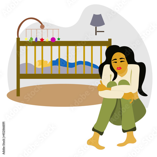 The tired mother cries and kneels down, sitting on the floor next to the sleeping child. The concept of postpartum depression. Psychological problems, difficulties of being parents. Vector.