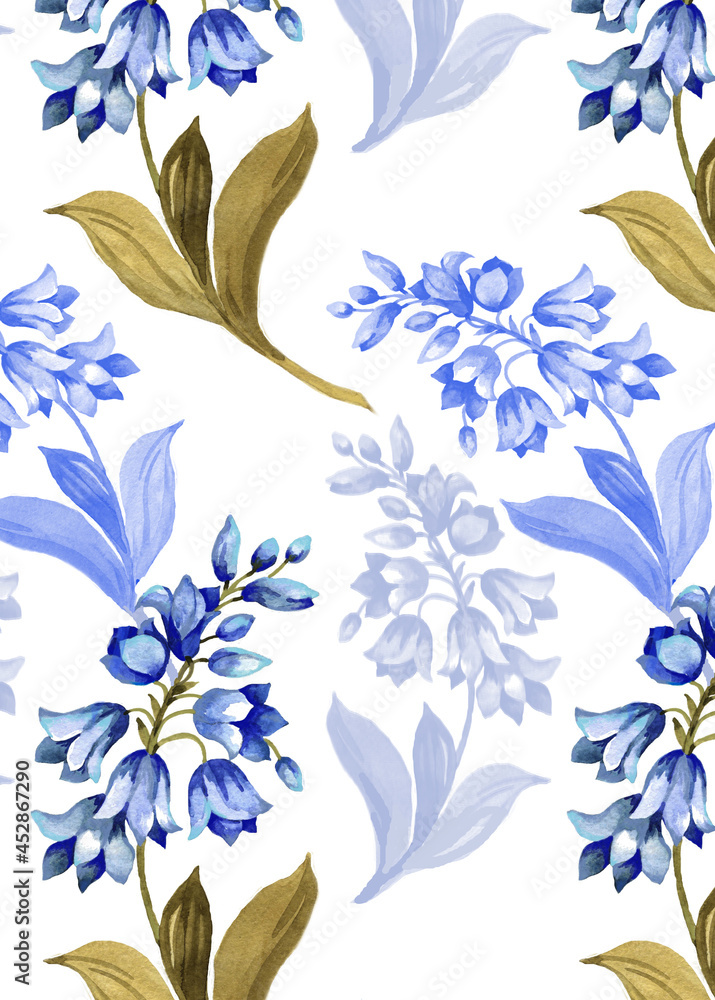 Fototapeta premium Bluebells flowers branches watercolor isolated on white background seamless pattern for all prints.