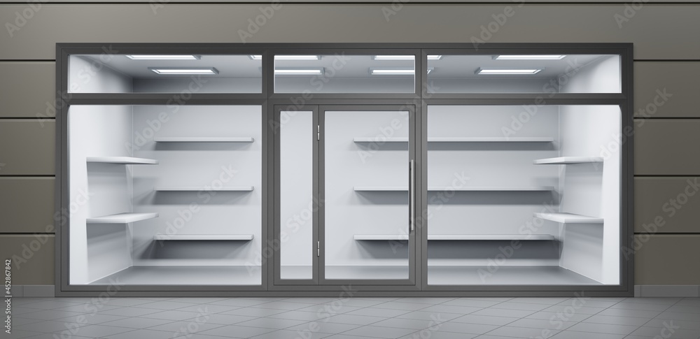 Store front, empty street shop with shelves, glass window and closed door. Blank fashion boutique or showroom with lights inside, showcase, tiled floor and gray walls. Room in mall or market 3d render Store front, empty street shop with shelves, glass window and closed door. Blank fashion boutique or showroom with lights inside, showcase, tiled floor and gray walls. Room in mall or market 3d render