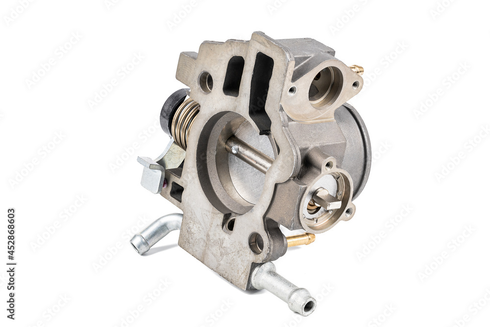 Φωτογραφία car engine part intake throttle body isolated on white background