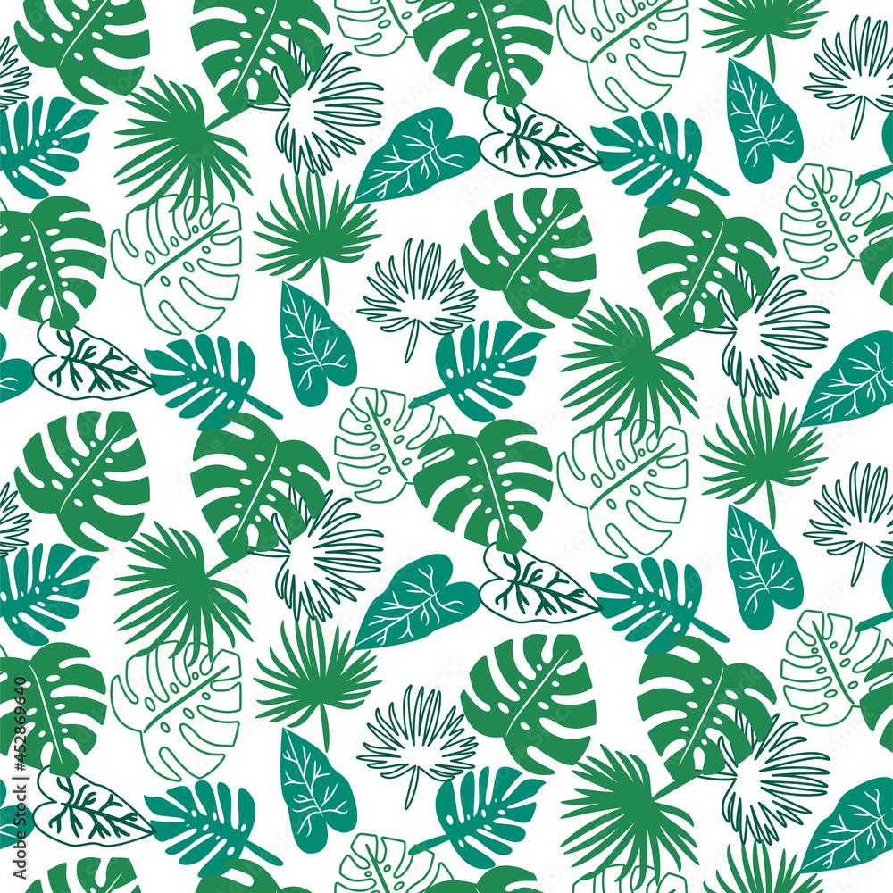 Seamless tropical jungle green pattern background with palm leaves