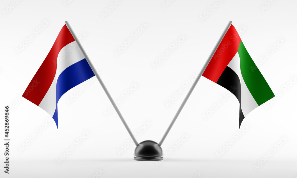 Stand with two national flags. Flags of Netherlands and United Arab Emirates. Isolated on a white background. 3d rendering Stand with two national flags. Flags of Netherlands and United Arab Emirates. Isolated on a white background. 3d rendering
