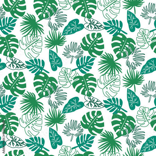 Seamless tropical jungle green pattern background with palm leaves