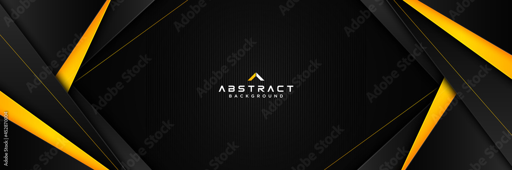 Abstract horizontal banner template with yellow and black geometric triangle shape on black background. Modern simple polygonal texture elements. Suit for brochure, presentation, business, cover - obrazy, fototapety, plakaty 