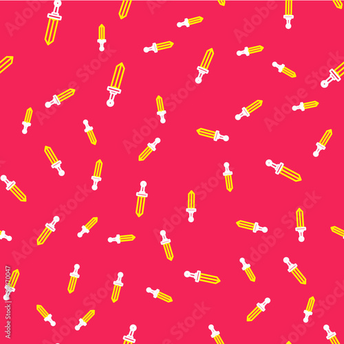 Line Medieval sword icon isolated seamless pattern on red background. Medieval weapon. Vector