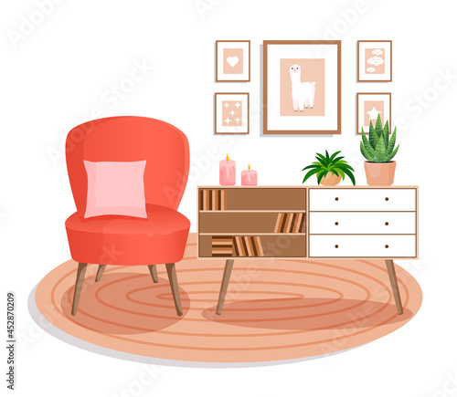 Cute interior with modern furniture and plants. Design of a cozy living room with soft chair, pillow, plants, pictures, carpet, dressers and books. Vector flat style illustration.