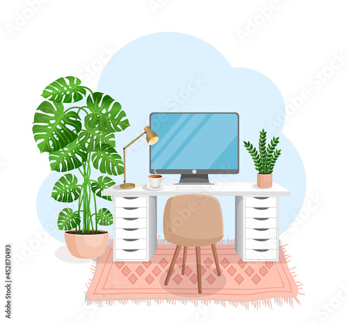 Workspace with computer, table, plant, chair, carpet, lamp and cup on isolated white background for home office, cabinet, remote work, freelance, teaching. Vector illustration in flat cartoon style.