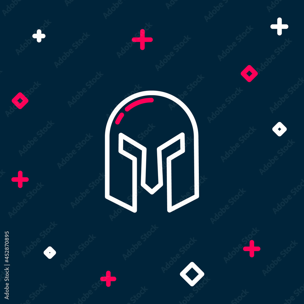 Line Medieval iron helmet for head protection icon isolated on blue background. Colorful outline concept. Vector Line Medieval iron helmet for head protection icon isolated on blue background. Colorful outline concept. Vector