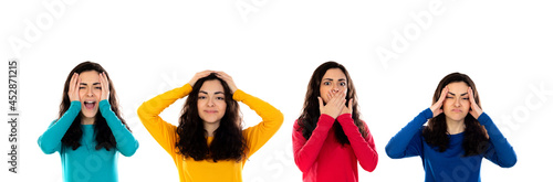 Foto Four identical brunette girls gesticulating different emotions