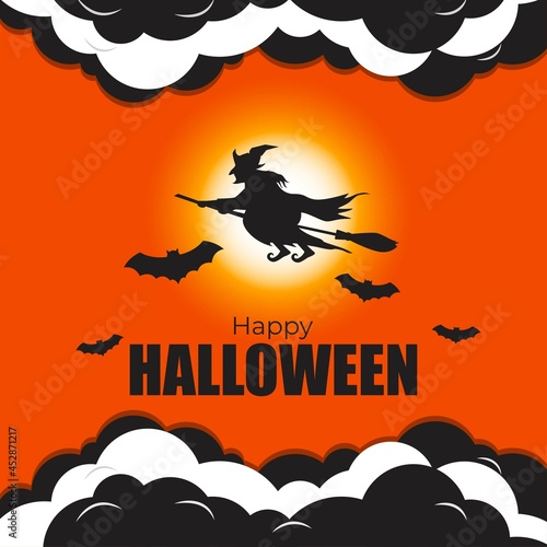 Vector illustration of halloween festival with scary pumpkins, flying bats, witch and her broom in front of fullmoon, spooky night Halloween poster.