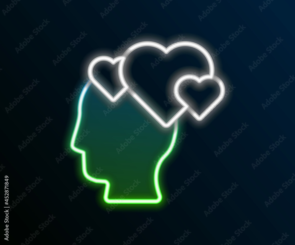 Glowing neon line Human head with heart icon isolated on black background. Love concept with human head. Colorful outline concept. Vector Glowing neon line Human head with heart icon isolated on black background. Love concept with human head. Colorful outline concept. Vector