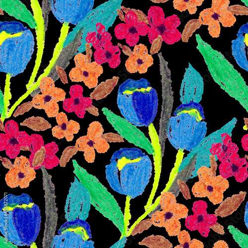 Creative seamless pattern with abstract flowers drawn with wax crayons. Brigh...