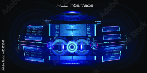 Futuristic virtual display HUD, GUI, UI. Holographic custom virtual reality panel. Holographic display with data and information. Holographic Video Game Helmet