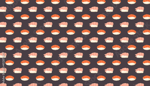 Sushi with fresh salmon fish, rice, shrimp and nori seaweed. Asian food. Japanese, Chinese cuisine.  Pattern, texture, background, banner.