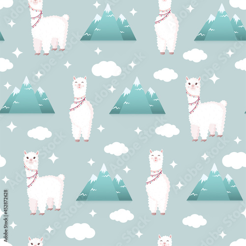 Seamless pattern with llamas and mountains on a gray background. Vector illustration for baby texture, textile, fabric, poster, greeting card, decor. Cute alpaca from Peru. Textures with animals.