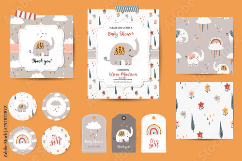Set of Baby shower invitations, thanks cards, tags and seamless patterns.