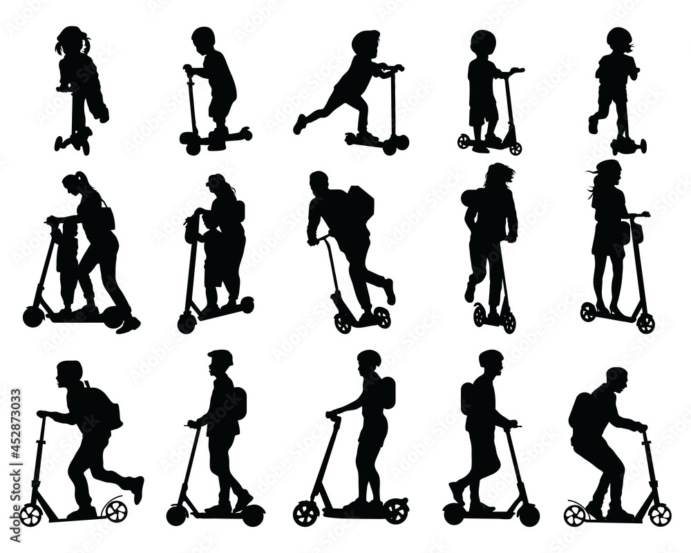 Obraz premium Black silhouettes of people riding a scooter on a white background, city vehicle for independent movement