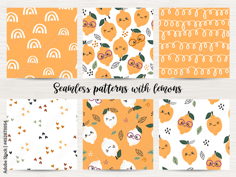 Fototapeta premium Set of seamless patterns with lemons.