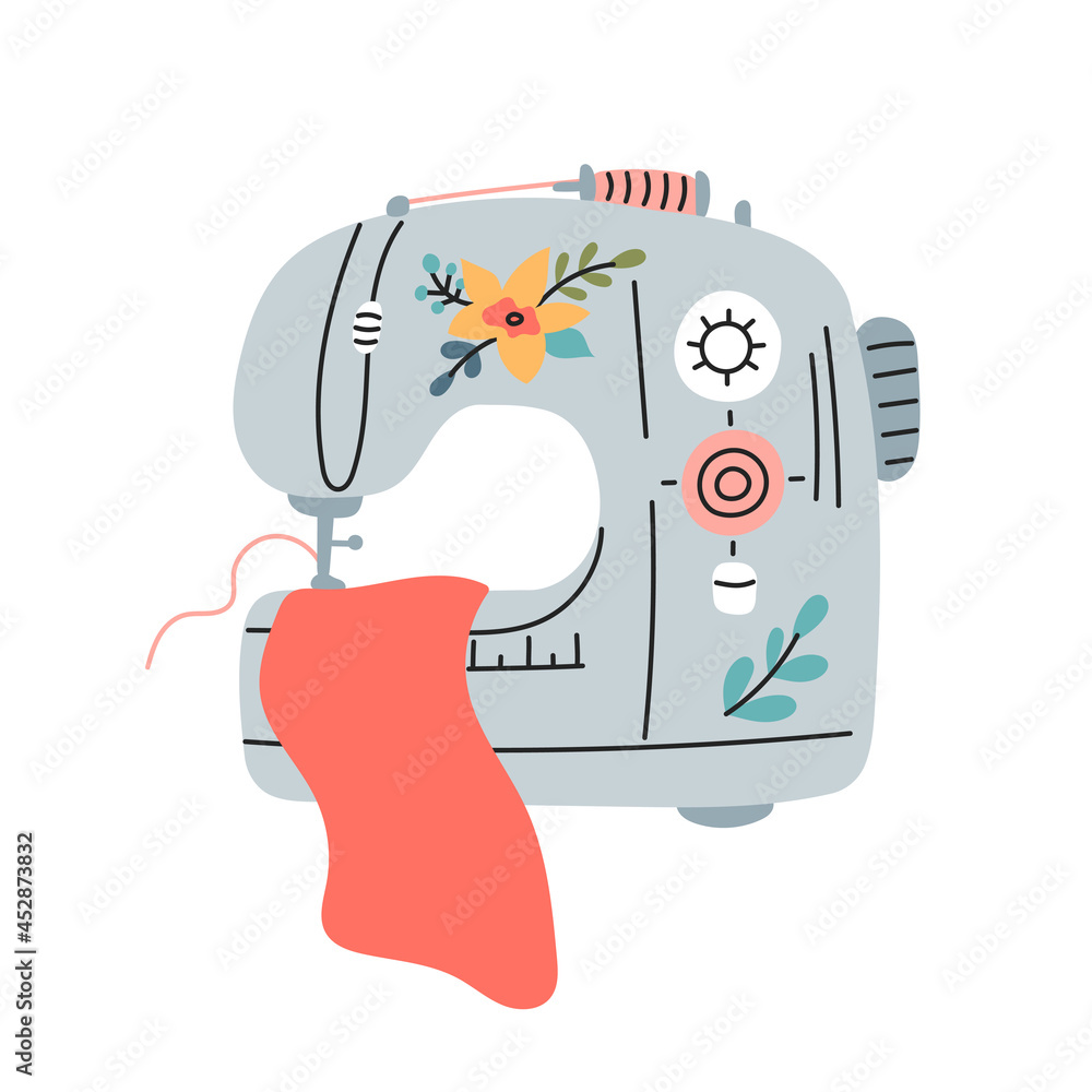 Sewing machine with fabric and thread, vector illustration in a flat ...