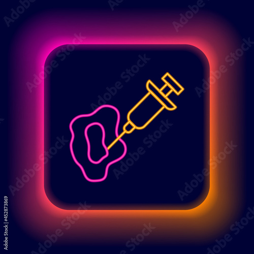 Glowing neon line GMO syringe icon isolated on black background. Genetically modified organism acronym. Dna food modification. Colorful outline concept. Vector