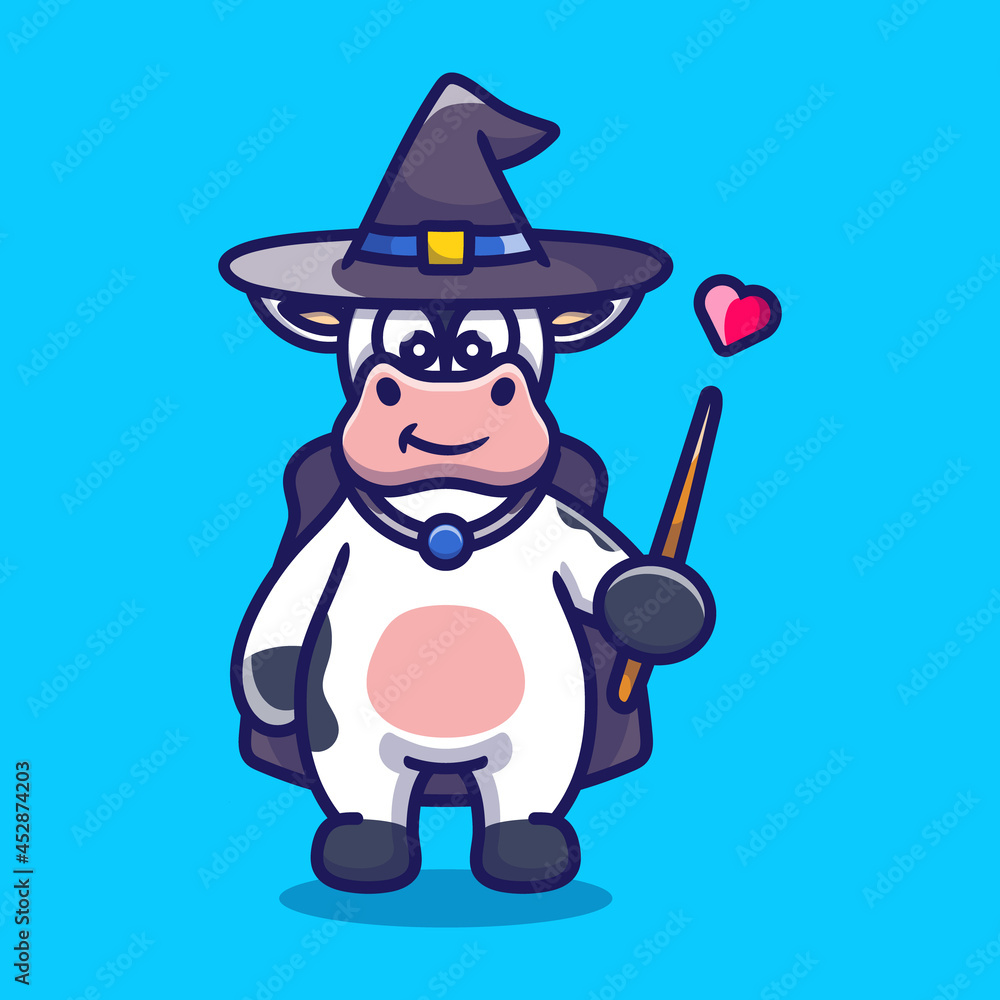 Halloween cute cow wizard with hat, cloak, love and wand Halloween cute cow wizard with hat, cloak, love and wand