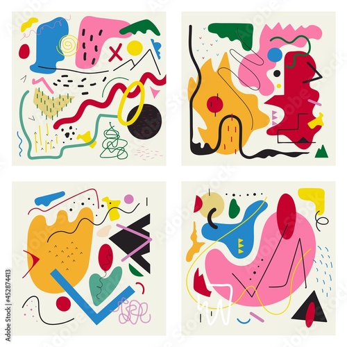 Abstract print design collection with doodle elements. Colored poster, fashion pattern with geometric elements
