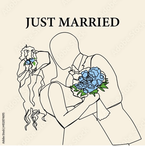 Elegant couple wearing dress kissing very attractive. One line drawing vector illustration. On a beige background. The inscription: just merried. The bride has a blue bouquet in her hands.
