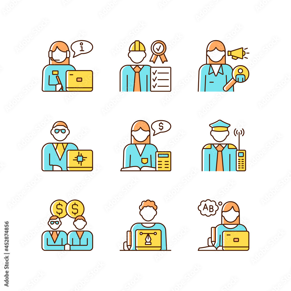 Employees team RGB color icons set. Accountant. Security guard. Sales epresentative. Staff of organization. Team of workers. Isolated vector illustrations. Simple filled line drawings collection Employees team RGB color icons set. Accountant. Security guard. Sales epresentative. Staff of organization. Team of workers. Isolated vector illustrations. Simple filled line drawings collection