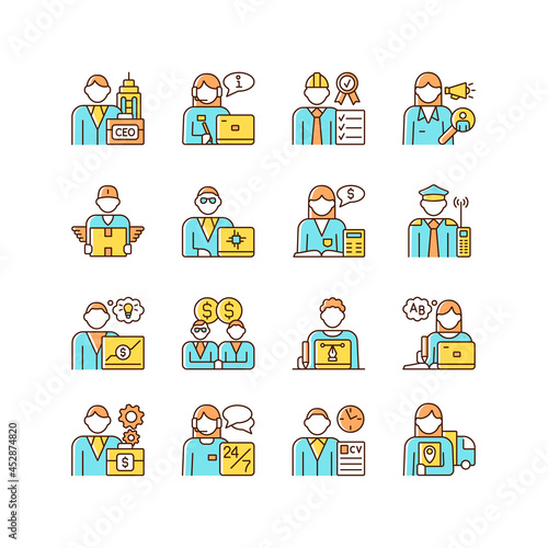 Company staff related RGB color icons set. Chief executive officer. Customer support. Sales representative. Company workers team. Isolated vector illustrations. Simple filled line drawings collection
