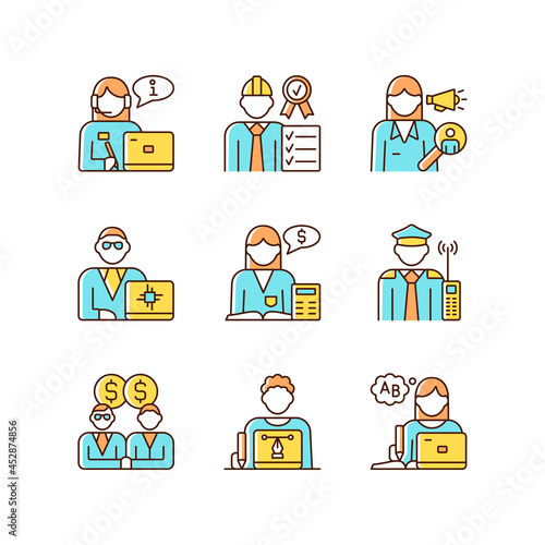 Employees team RGB color icons set. Accountant. Security guard. Sales epresentative. Staff of organization. Team of workers. Isolated vector illustrations. Simple filled line drawings collection