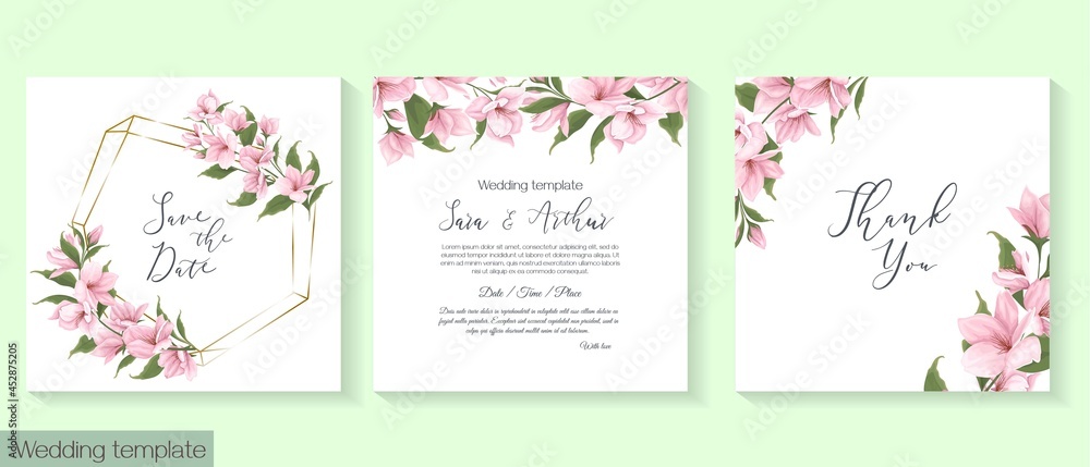Vector floral template for wedding invitations. Branches of pink sakura, magnolia. 