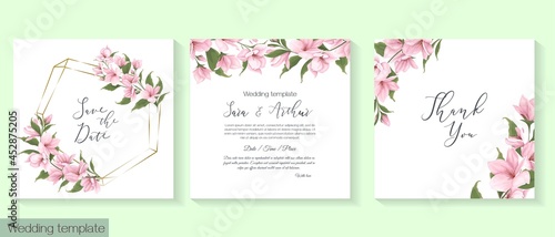 Fototapeta Naklejka Na Ścianę i Meble -  Vector floral template for wedding invitations. Branches of pink sakura, magnolia. 